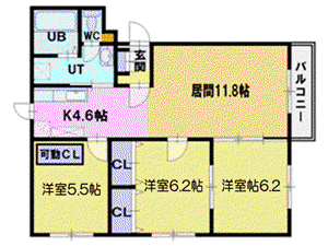 パティオT&T上江別東(3LDK/1階)の間取り写真