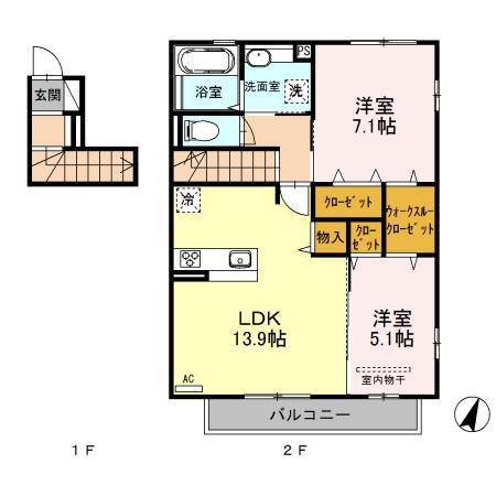 くみの木ヒルズI(2LDK/2階)の間取り写真