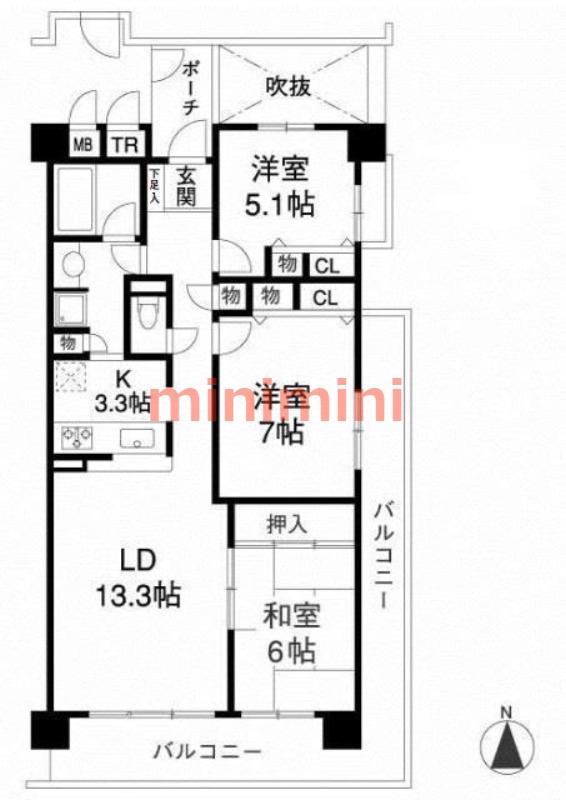 コスモ茨木上穂積(3LDK/3階)の間取り写真