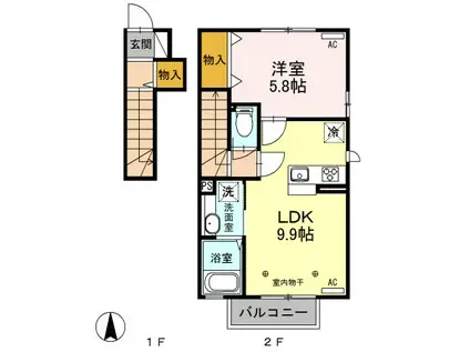 プラウド ヴィラ E(1LDK/2階)の間取り写真