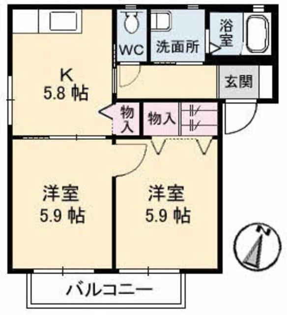 シャルマン C棟(2K/2階)の間取り写真