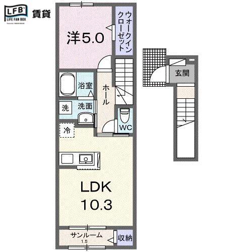 アヴィニール新町東(1LDK/2階)の間取り写真