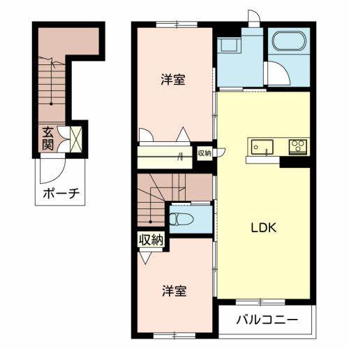 カーサグラスオエステB(2LDK/2階)の間取り写真