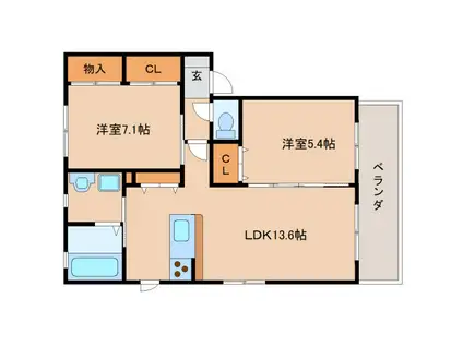 ウエストフィールドA棟(2LDK/1階)の間取り写真