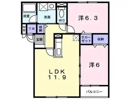 アンソレイエII(2LDK/2階)の間取り写真