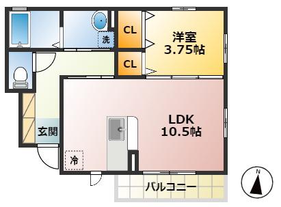 ボヌール E棟(1LDK/1階)の間取り写真