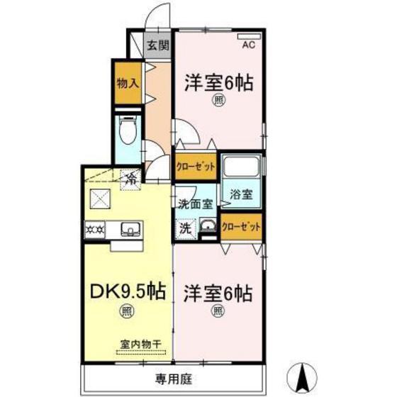 メゾンドールΒ F棟(2DK/1階)の間取り写真