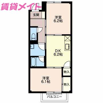 サープラスIIリネアリス花ノ木(2DK/2階)の間取り写真