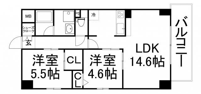 グランルージュ谷町六丁目(2LDK/6階)の間取り写真