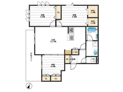 寿ハウス(3LDK/4階)の間取り写真