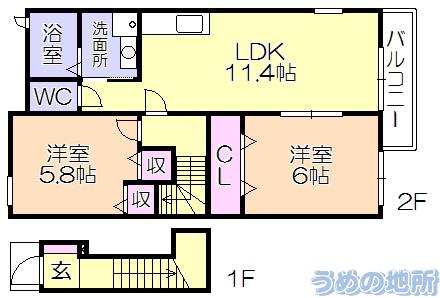 グリーンハイツ鷹取(2LDK/2階)の間取り写真