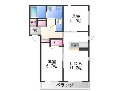 ベレオ LA SPIAGGIA(2LDK/1階)の間取り写真