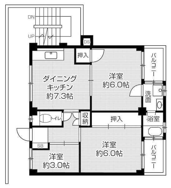 ビレッジハウス私部3号棟(3DK/4階)の間取り写真