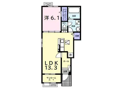 ヴェルビュB(1LDK/1階)の間取り写真