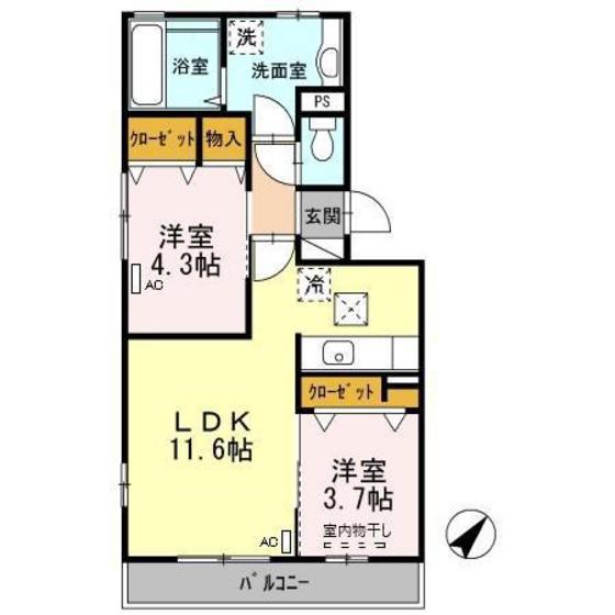 ルクプルA棟(2LDK/1階)の間取り写真