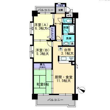 アンピール別府II(3LDK/5階)の間取り写真