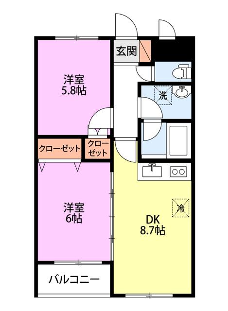 ヴィラ城所(2DK/2階)の間取り写真