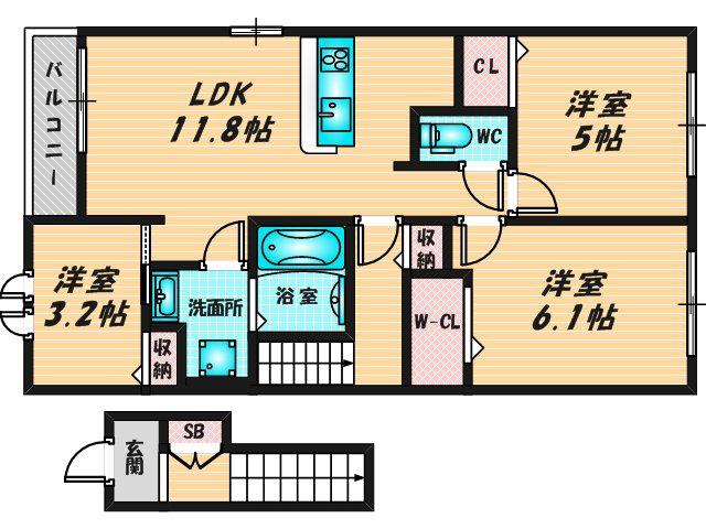 ラ・テールI(3LDK/2階)の間取り写真