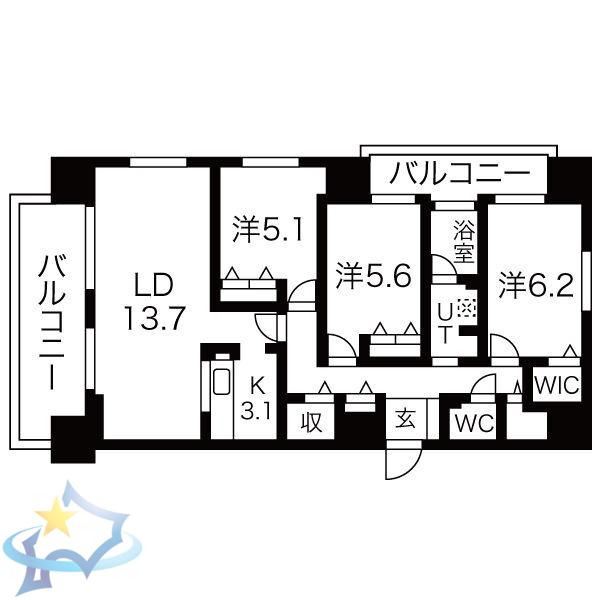 南円山シャトー桂和(3LDK/5階)の間取り写真