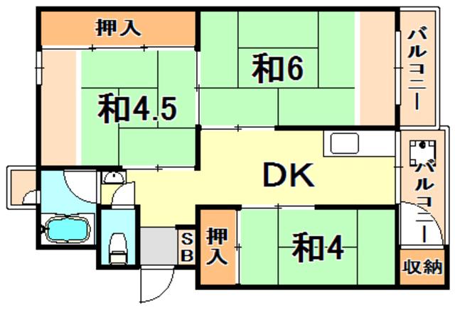 多聞台ビル 1号棟(3DK/4階)の間取り写真