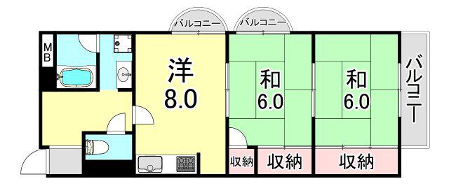 惣町サンハイツ(2LDK/3階)の間取り写真
