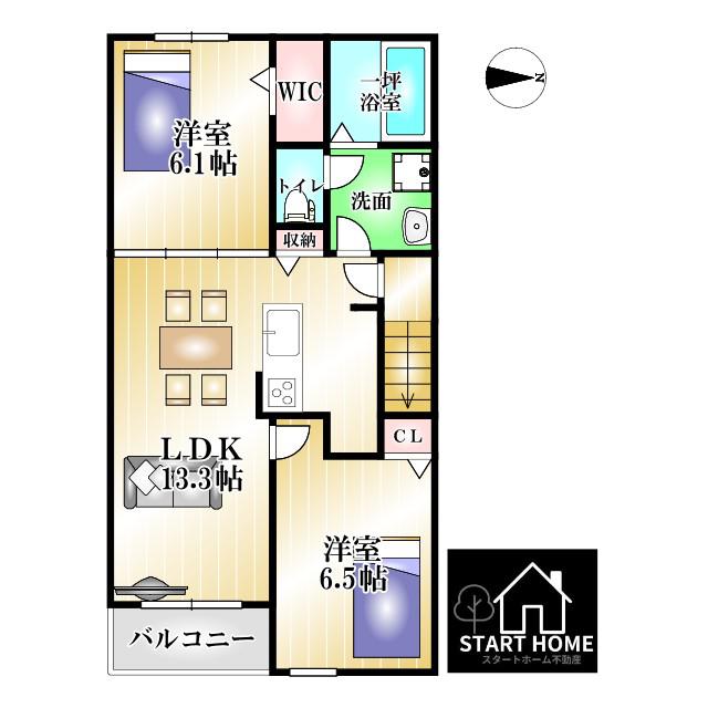 ハーベストヤヨイB(2LDK/2階)の間取り写真