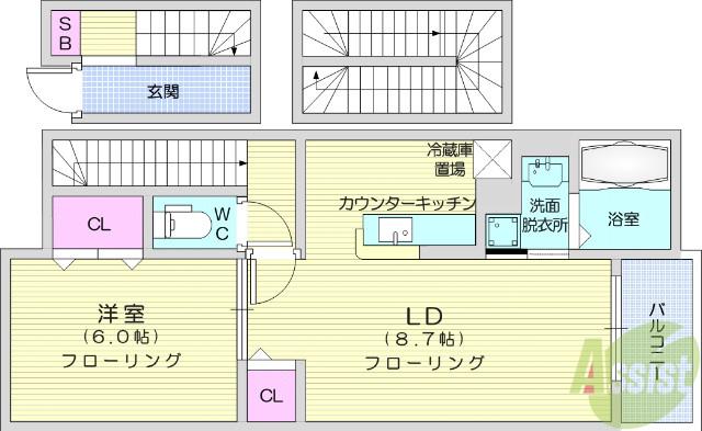 スカイハイムB(1LDK/3階)の間取り写真