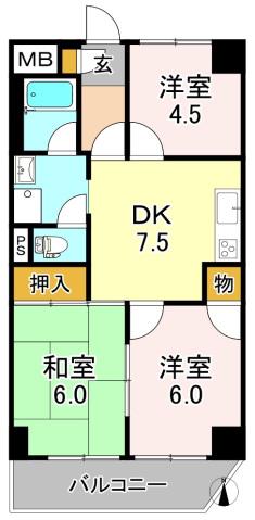 ウィングコート関西(3DK/4階)の間取り写真