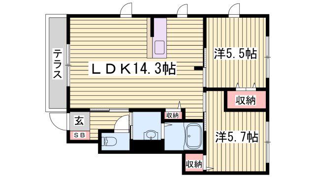別府ハイツ峰B(2LDK/1階)の間取り写真