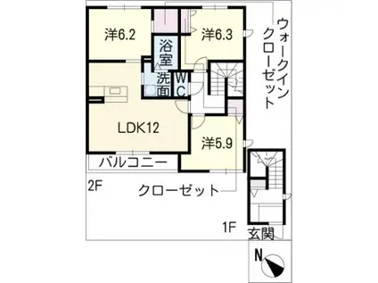 GRUNES B棟(3LDK/2階)の間取り写真