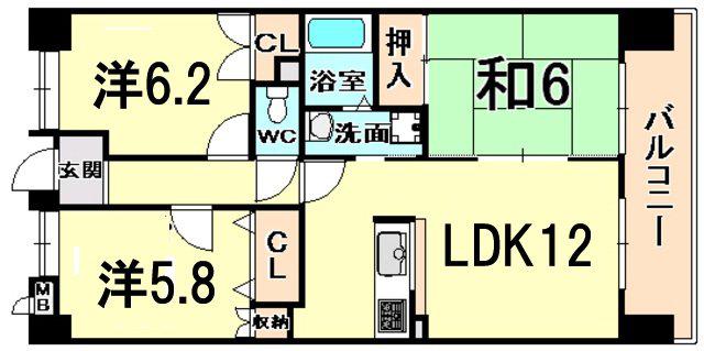 エンゼルハイツ東塚口(3LDK/2階)の間取り写真