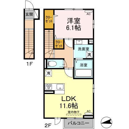 ラルジュガーデン西寺(1LDK/2階)の間取り写真