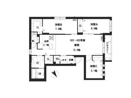 グランメール平和通北2(3LDK/4階)の間取り写真