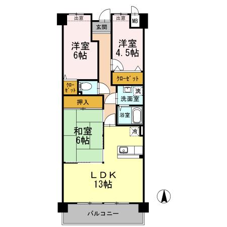 プラザハイツ二ツ屋 B棟(3LDK/1階)の間取り写真