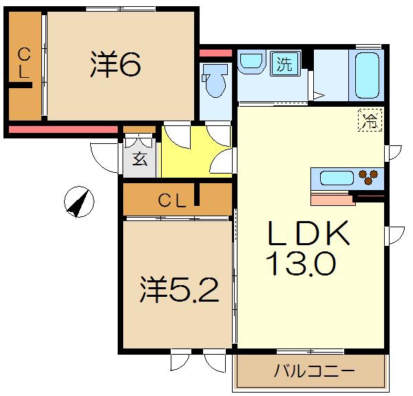 サザングレイスB(2LDK/2階)の間取り写真