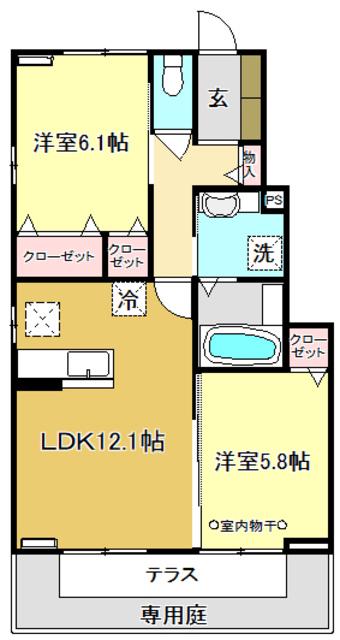 福井ガーデンハイツ B棟(2LDK/1階)の間取り写真