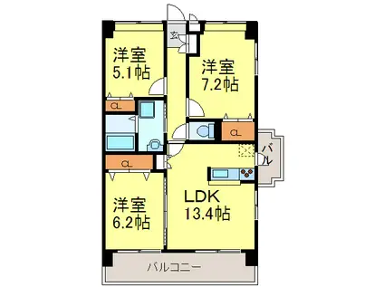サンルージュ春日(3LDK/5階)の間取り写真