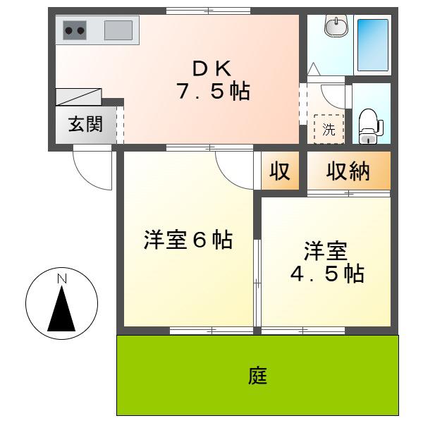 プレジール貝吹(2DK/1階)の間取り写真