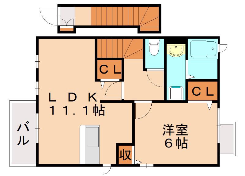 プロムナード上上津役A(1LDK/2階)の間取り写真