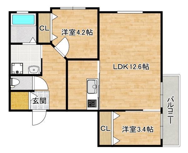 シャンテー東香里(2LDK/3階)の間取り写真