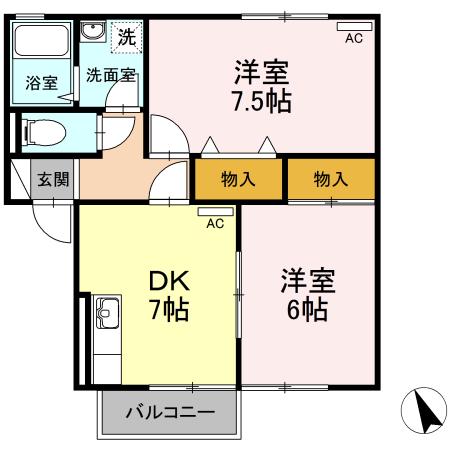 エーマーブル花楯(2DK/2階)の間取り写真