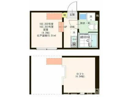 ハーモニーテラス・SOUK HOUSE 高砂(1K/2階)の間取り写真