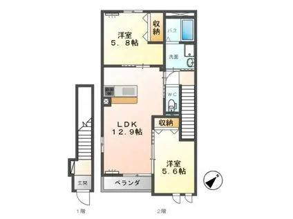 ピエトラ・ディーオI(2LDK/2階)の間取り写真