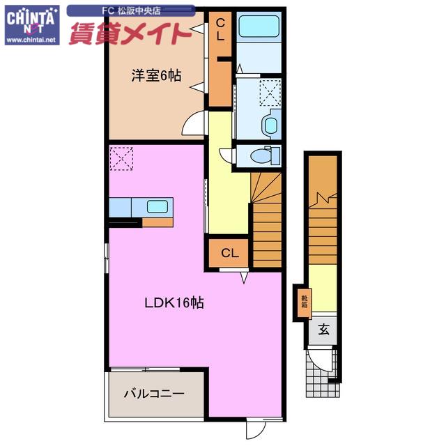 クラージュE棟(1LDK/2階)の間取り写真