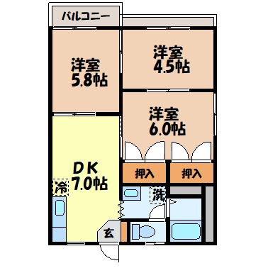 クレインハウス B(3DK/1階)の間取り写真