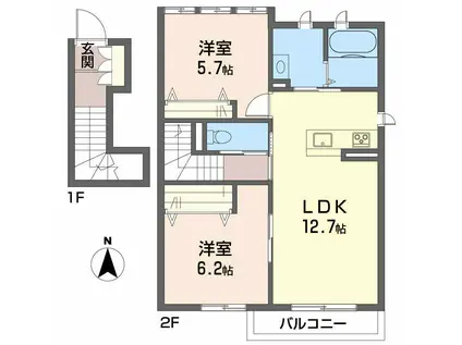 アカデミーフロント神拝 B棟(2LDK/2階)の間取り写真