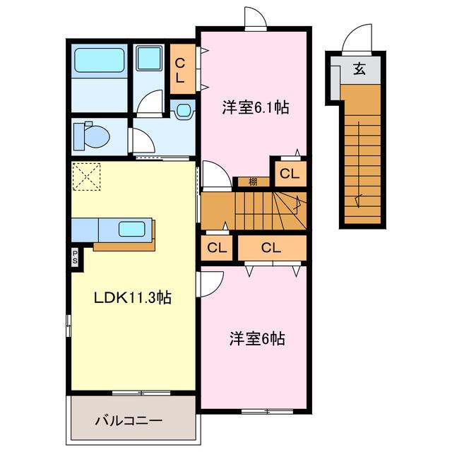 シャン・ド・フルール C(2LDK/2階)の間取り写真