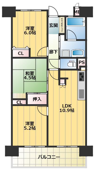 KDXレジデンス守口(3LDK/2階)の間取り写真