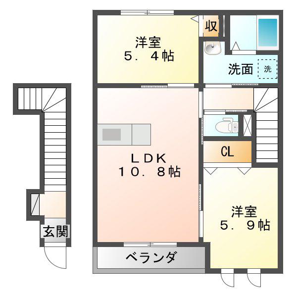 ディアベルジュ輝(2LDK/2階)の間取り写真