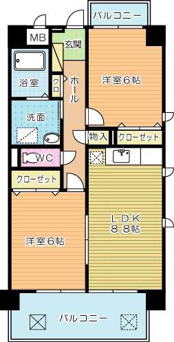 グランディ下曽根(2DK/8階)の間取り写真